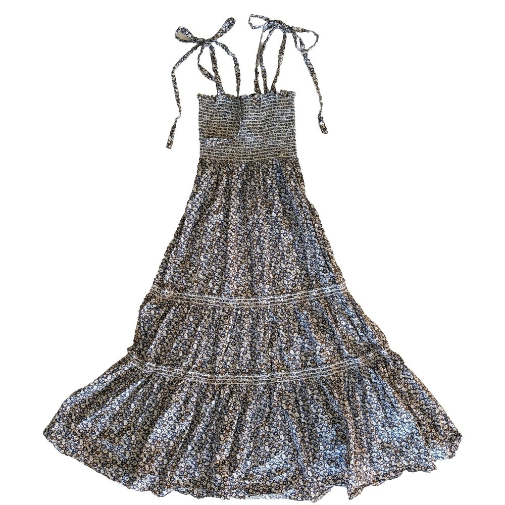 OPT Smocked Floral Sun Dress XS Midi Navy White‎ Cottagecore Summer Beach Fairy